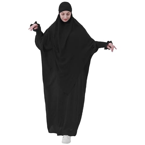 khalat Womens Muslim Prayer Dress Front Zipper Kaftan Islamic Robe Modest Solid Abayas for Women Muslim - color: Black+hijab