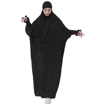 khalat Womens Muslim Prayer Dress Front Zipper Kaftan Islamic Robe Modest Solid Abayas for Women Muslim - color: Black+hijab