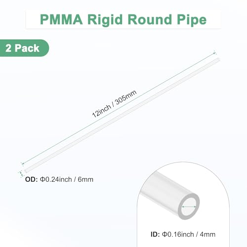 M METERXITY 2-Pack Clear Rigid Acrylic Pipe, 4mm[0.16"] ID x 6mm[0.24"] OD Plastic Round Tube for Water Cooling System/Lamps/Fountains/Aquariums/Display Stand, Acrylic Tubing [305mm/12IN] - size: 4mm ID x 6mm OD