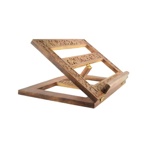Handcrafted Adjustable Wooden Book Stand with Free Wooden Pen, Foldable Mango Wood Reading Holder, Multi-Angle Cookbook & Tablet Stand, Dark Brown Desk Book Rest for Study, Bible, Quran & Gita - color: Design 3