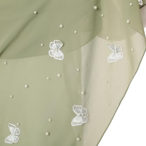 Muslim Prayer Hijab for Women Lightweight Pearl Chiffon Scarfs 3-D Butterfly Embroidery with Glitters Beads Islamic Hijab - color: Green