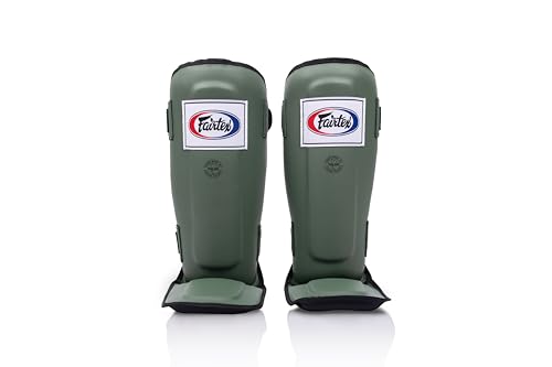 Fairtex SP3 Lightweight Shin Guards, Muay Thai MMA Avoid Shin Splints Gear | Featherweight synthetic shell with high-density padding. Articulated lower-leg armor enhances mobility and leg protection - color: Green Olive, size: X-Large