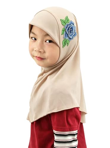 Girls Hijab Scarf Soft Headwrap with Floral Applique, One-Piece for Active Kids, Ideal for School & Daily Wear - color: Khaki