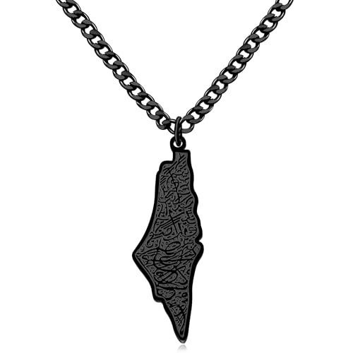 Uloveido Palestine Map Necklace – Arabic Engraved Stainless Steel Pendant, Islamic Middle Eastern Cultural Jewelry for Men and Women - color: Black