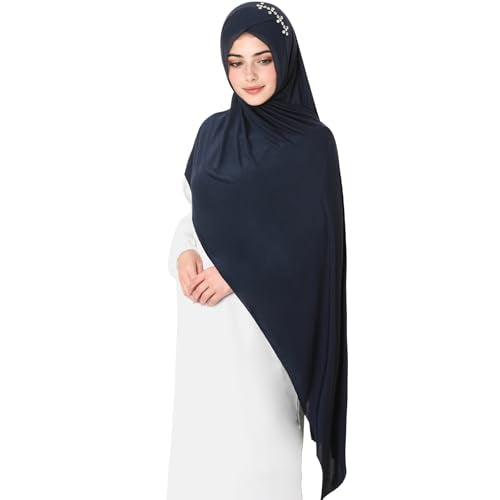 khalat Instant Hijab 여성용 무슬림 샤이니 라인스톤 데일리 스카프 부드럽고 신축성 있는 단색 이슬람 기도 히잡 - color: 네이비