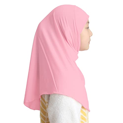 Girls Hijab Muslim Scarf for Kids – Ready to Wear, Solid Color, Soft & Breathable Daily Headwear for Ages 6-11 - color: Pink