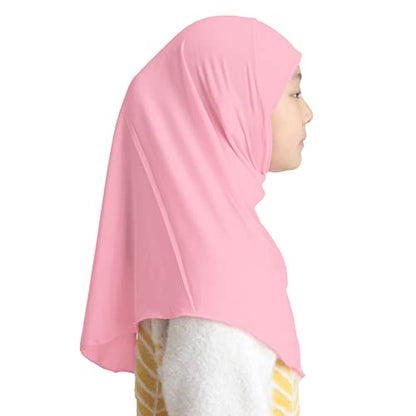 Girls Hijab Muslim Scarf for Kids – Ready to Wear, Solid Color, Soft & Breathable Daily Headwear for Ages 6-11 - color: Pink