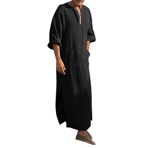 Mens Kurta Linen V Neck Long Sleeve Kaftan Casual Modern Everyday Thobes Soft Breathable Lightweight Kurta - color: 01#_black, size: 5X-Large