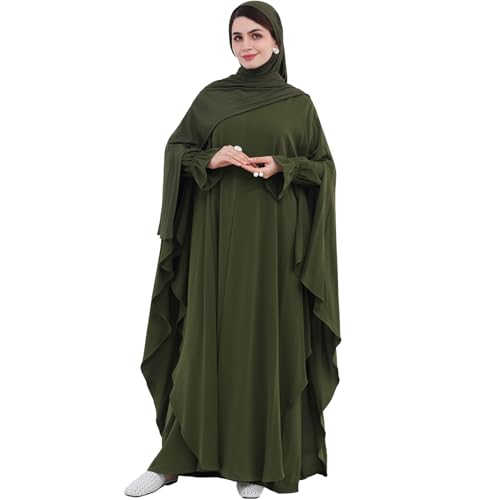 2PCS Women's Muslim Abaya Dress Lace Cuffs Islamic Dubai Prayer Robe Smooth Flowy Muslim Women Clothes - color: Army Green, size: X-Large