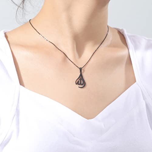 UNIFT Islamic Muslim Allah Layered Necklaces For Women Stainless Steel Charm Water Drop Heart Shape Allah Pendant Double Layer Necklace Islamic Jewelry - color: black