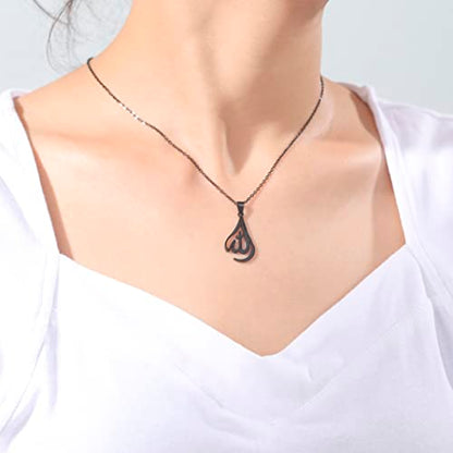 UNIFT Islamic Muslim Allah Layered Necklaces For Women Stainless Steel Charm Water Drop Heart Shape Allah Pendant Double Layer Necklace Islamic Jewelry - color: black
