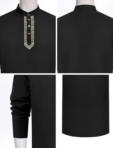 IWEMEK Men Kaftan Robe Button Up Muslim Thobe Long Sleeve Eid Ramadan Abaya Henley Shirts Casual Dubai Islamic Prayer Clothes - color: Black, size: XX-Large