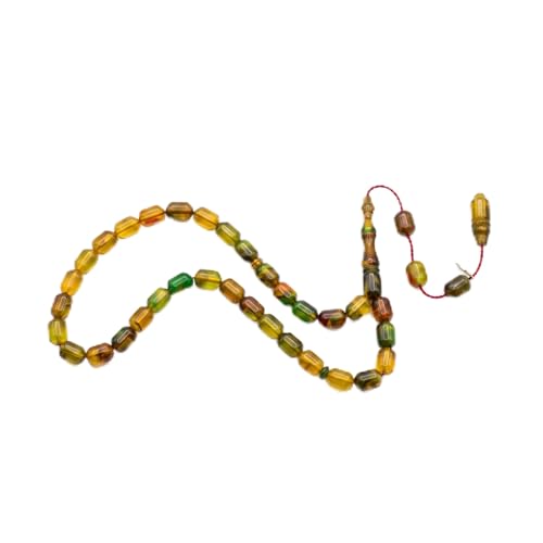 Saul Handmade 33 Beads Tasbih, Amber Phenolic Resin Islamic Prayer Beads with System Tassel, Pointed Capsule Cut Misbaha in Wooden Gift Box - color: Marbled Olive & Cognac