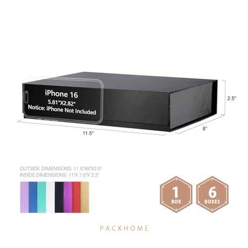 PACKHOME 6 Gift Boxes 11.5x8x2.5 Inches, Sturdy Shirt Boxes with Magnetic Lids for Multiple Occasions (Glossy Black) - color: 11x7.8x2.3 Inch-Black-Pack of 6