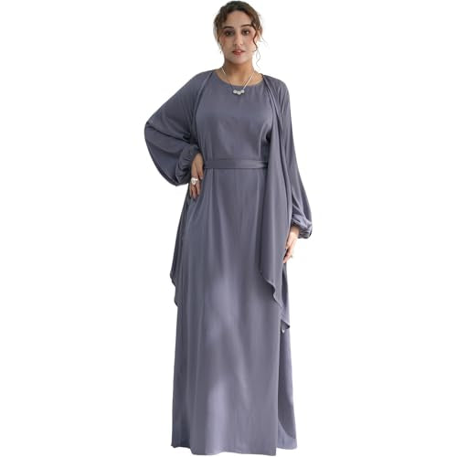 2PCS Muslim Abaya Dress for Women Smooth Satin Prayer Cardigan with Belt - color: Purple, size: X-Small-Small