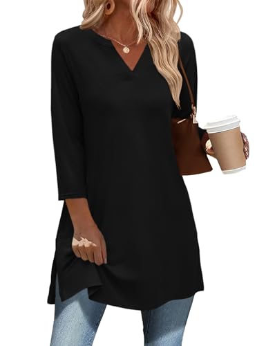 Ivicoer 3/4 Length Sleeve Womens Tops Dressy Casual Plus Size V Neck Tunics to Wear with Leggings Side Slit Shirt - color: Black, size: XX-Large