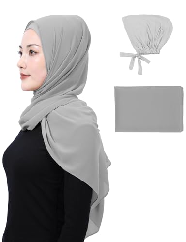 Matched Hijab and Undercap Set, Chiffon Muslim Head Scarf for Women, A Perfectly Decent Combination - color: Light Gray