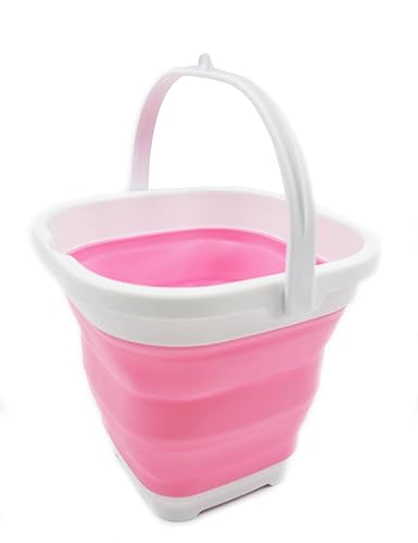 SAMMART 2.6L (0.68 Gallon) Super Mini Sqare Collapsible Plastic Bucket - Foldable Square Tub - Portable Fishing Water Pail - Space Saving Outdoor Waterpot (1, White/Pink) - color: White/Pink