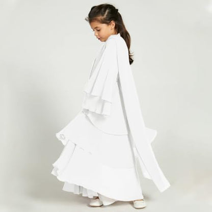 IDOPIP Muslim Girls Abayas Dress for Kids Long Sleeve Chiffon Islamic Kaftan Robe Open Front Cardigan Prayer Dress with Hijab - color: White, size: 9-10 Years