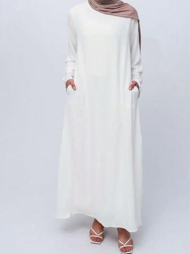 Women's Modest Long Sleeve Maxi Dress for Women Lightweight Flow Fabric with Side Pockets Casual Formal Abaya Dress - color: White, size: Large