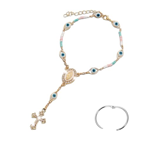 Car Rosary for Rearview Mirror,Evil Eye Rearview Mirror Auto Rosary Beads Car Medal and Cross Hanging Accessories for Mirror Interior Decors for Women Men - color: golden