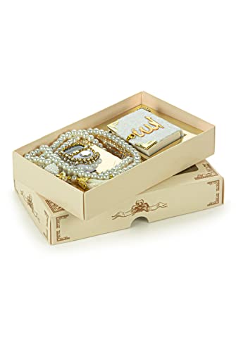 İhvan Online Mini Velvet Quran Set with Islamic Finger Counter, Portable Digital Tasbeeh, Muslim Prayer Beads, Pearl Zikirmatic Beads, 3 Pieces Gift Set for Mevlüt (Cream) - color: Cream