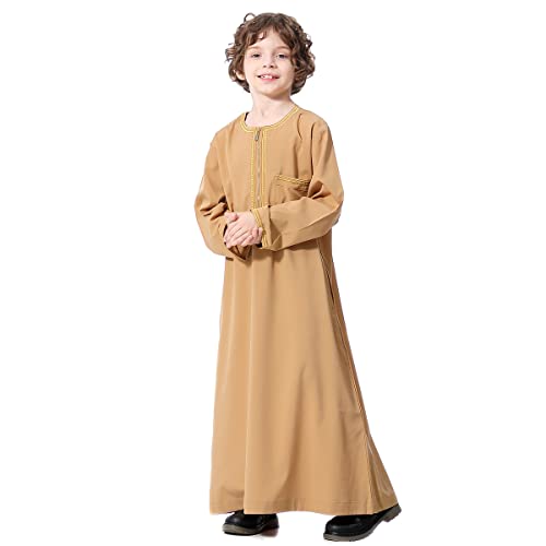 IBTOM CASTLE Robe for Boys Muslim Long Sleeve Thobe Abaya Saudi Arab Kaftan Islamic Zipper Arabic Dubai Dress With Pockets - color: Camel, size: 7-8 Years