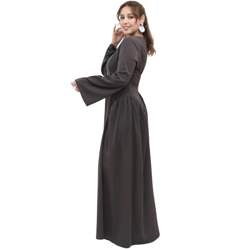 Muslim Abaya Dress for Women Smooth Back Zipper Belt Daily Prayer Eid Dress - color: Dark Coffee, size: Large