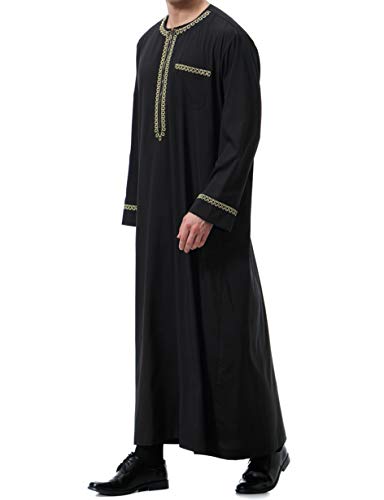 Islamic Mens Clothing Kaftan Maxi-Muslim Male Shirt Long Sleeve Abaya Dubai Cotton… - color: Black-a, size: Large