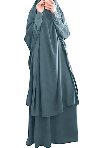 Womens Muslim Abaya Solid Prayer Dress Islamic Maxi Kaftan with Hijab Dubai Full Length 2 Piece Dress - color: Dark Green