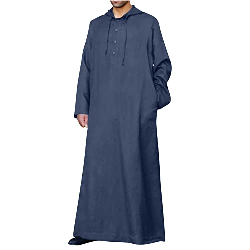 Ctreela Kaftan Thobe for Men Big And Tall Muslim Hooded Robe Mens Long Sleeve Caftan Thawb Islamic Ramadan Masjid Gown - color: Navy, size: 4X-Large
