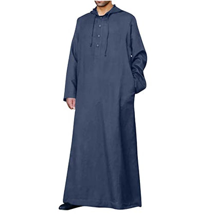 Ctreela Kaftan Thobe for Men Big And Tall Muslim Hooded Robe Mens Long Sleeve Caftan Thawb Islamic Ramadan Masjid Gown - color: Navy, size: Large