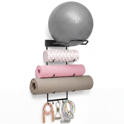 Geelin Yoga Mat and Ball Holder Wall Mount, 4-Tier Yoga Mat & Ball Storage Rack, Home Gym Organizer, Black Metal Floating Shelf for Hanging Foam Rollers & Resistance Bands (5 Hooks Style,Black) - color: Black