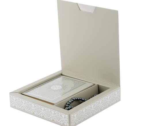 Prien Muslim Gifts for Eid, Gilt Covered Gift Box, Silvered Quran Gifts for Ramadan Mosque, Pearl Prayer Beads, Islamic Presents Women, Portable Boxes, Mawlid Gift Set for Birthday, Wedding, Umrah, Special Day (Grey) - color: Grey