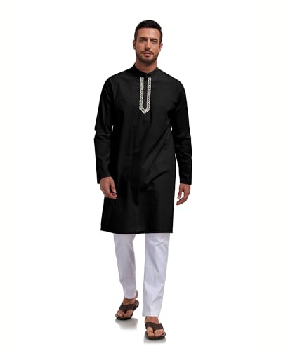 Jacansi Men's Cotton Linen Kaftan Thobe, Button Henley Long Sleeve Muslim Dress Robe - color: Black, size: 3X-Small