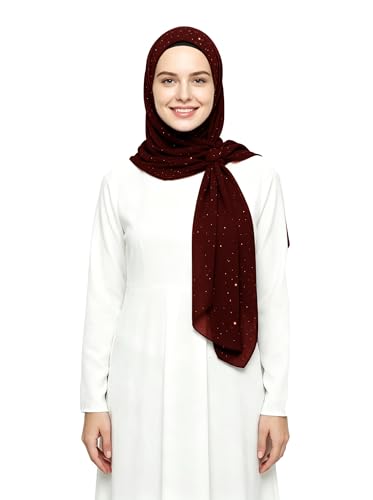 Lina & Lily Sparkle Shimmer Gold Glitter Women's Chiffon Hijab Head Scarf Shawl Wrap Lightweight - color: Dark Maroon