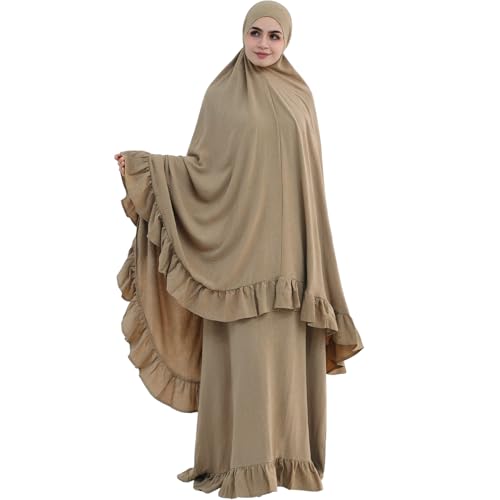 2PCS Abayas for Women Muslim Dress Ruffled Hem Modest Prayer Robe Full Coverage Modest Jilbab Set - color: Khaki, size: Medium