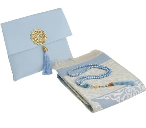 Prien Muslim Prayer Rug with Tasbih and Portable Bag, Muslim Gift for Women Men, Mubarak Islamic Box, Soft Mat Islam Gifts Set, Turkish Sajadah for Ramadan, Eid, Hajj, Travel, Pray (Blue) - color: Blue