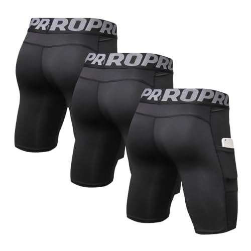 LANBAOSI Mens Compression Shorts with Phone Pocket Running Gym Yoga Athletic Tights Baselayer Summer Cool Dry Underwear Pack - color: Black*3, size: Medium