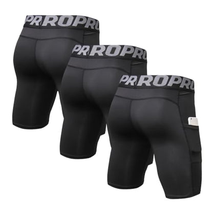 LANBAOSI Mens Compression Shorts with Phone Pocket Running Gym Yoga Athletic Tights Baselayer Summer Cool Dry Underwear Pack - color: Black*3, size: Medium