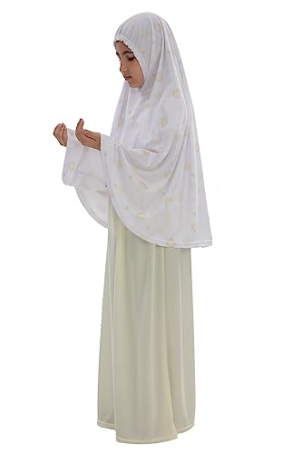 Prayer Set for Muslim Girls, Two Pieces Prayer Set, set of 3 pieces(Skirt, Scarf, Rosary) Suitable for 5 to 13 Years - color: Hearts- Yellow, size: 9 Years