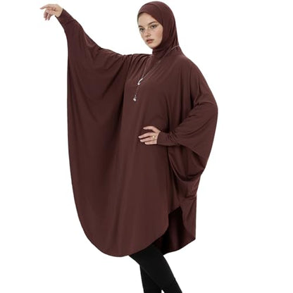 Muslim Abaya Dress for Women Highly Stretchy Batwing Hooded Prayer Hijab - color: Coffee, size: Large