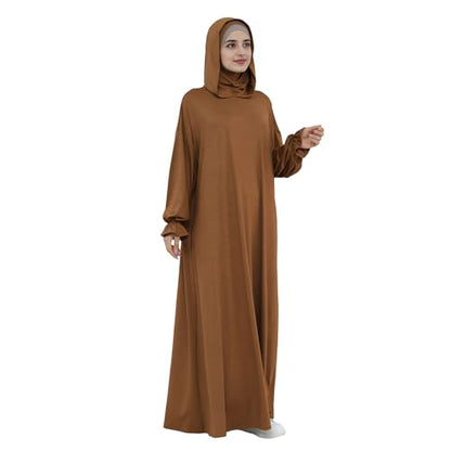 Abaya Muslim Women Hooded Dress Loose Sleeve Loose Maxi Modest Islamic Clothing Prayer Dress Kaftan - color: Brown