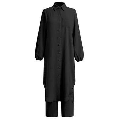 IDOPIP Abaya 여성용 드레스 무슬림 세트 긴소매 시폰 이슬람 드레스 셔츠 바지 포함 2피스 두바이 기도 캐주얼 의류 - color: 블랙., size: 3XL