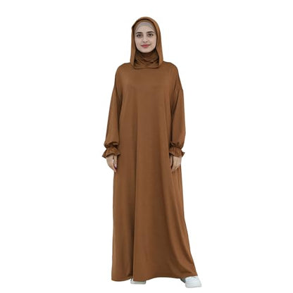 Abaya Muslim Women Hooded Dress Loose Sleeve Loose Maxi Modest Islamic Clothing Prayer Dress Kaftan - color: Brown