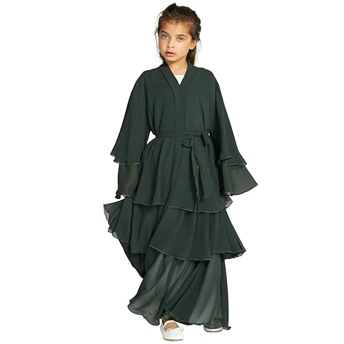 IDOPIP Muslim Girls Abayas Dress for Kids Long Sleeve Chiffon Islamic Kaftan Robe Open Front Cardigan Prayer Dress with Hijab - color: Green, size: 4-5T