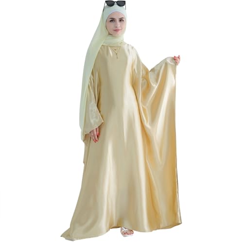 Abaya Muslim Dress Women Satin Prayer Dress Batwing Long Sleeve Middle East Arabian Robe with Hijab - color: Beige, size: Size 1