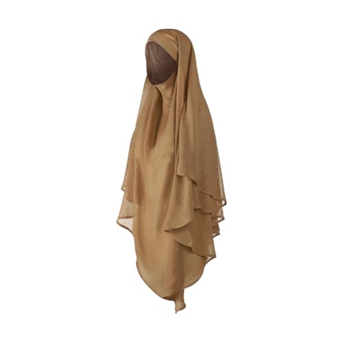 SIQITECHNO Womens Muslim Long Khimar Hijab Scarf Chiffon Sparkling Islamic Arabian Khimar Niqab Ramadan Eid Prayer Scarf Wrap - color: Khaki