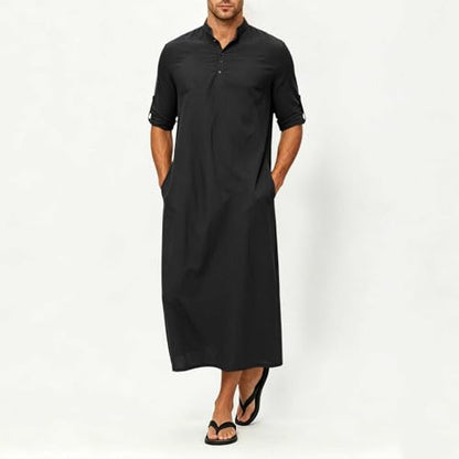 Men's Linen Kaftan Robe Button Down Long Sleeve Henley Collar Cotton Thobe Casual Loose Fit Stylish Gown Shirts - color: Black, size: X-Large