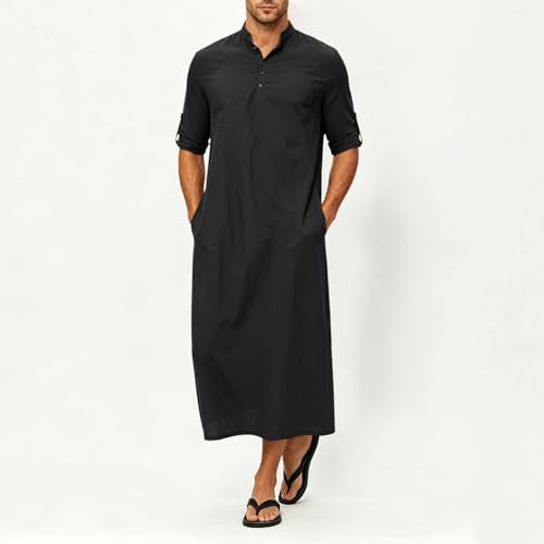 Men's Linen Kaftan Robe Button Down Long Sleeve Henley Collar Cotton Thobe Casual Loose Fit Stylish Gown Shirts - color: Black, size: Large